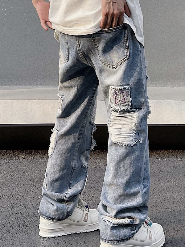 Men's Washed Ripped Burr Straight Leg Jeans-3