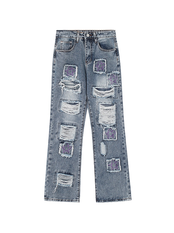 Men's Washed Ripped Burr Straight Leg Jeans-4