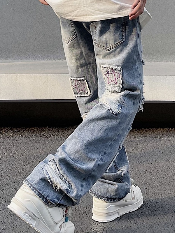 Men's Washed Ripped Burr Straight Leg Jeans-1