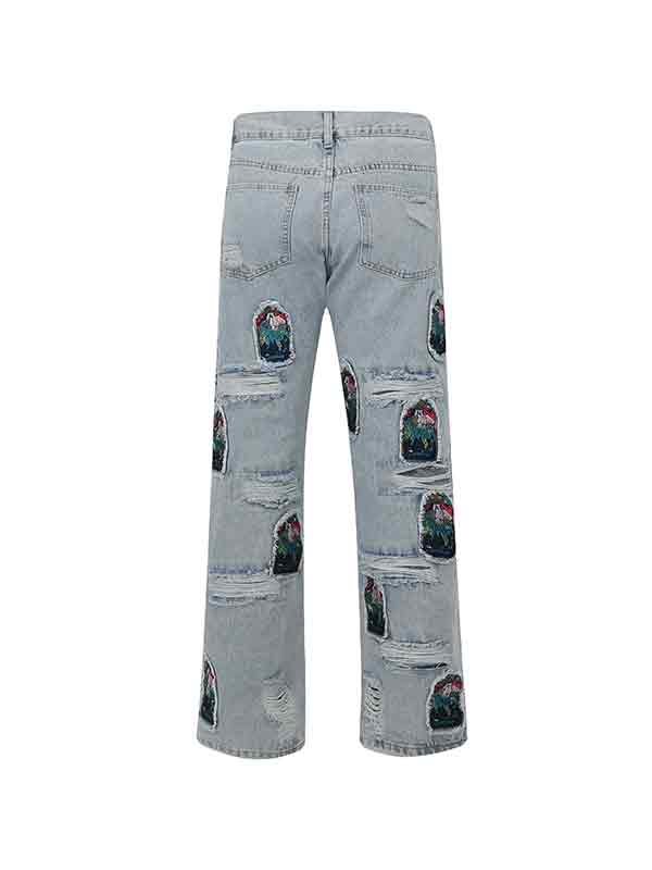Men's Ripped Embroidery Patch Loose Jeans-3