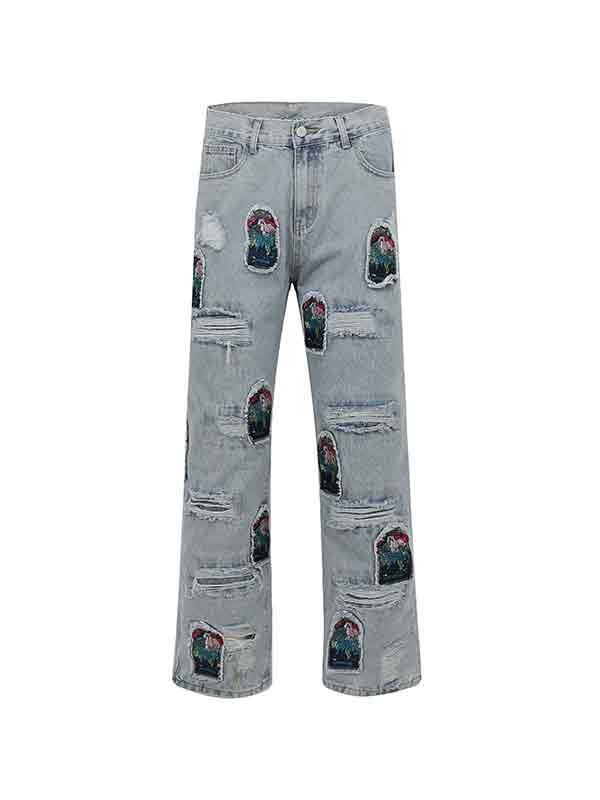 Men's Ripped Embroidery Patch Loose Jeans-2
