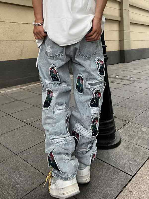 Men's Ripped Embroidery Patch Loose Jeans-1