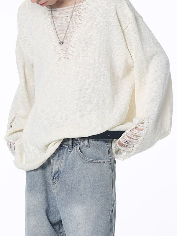 Men's Solid Color Ripped Design  Sweater-2
