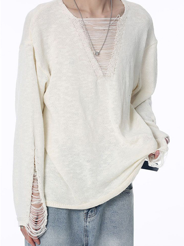 Men's Solid Color Ripped Design  Sweater-1