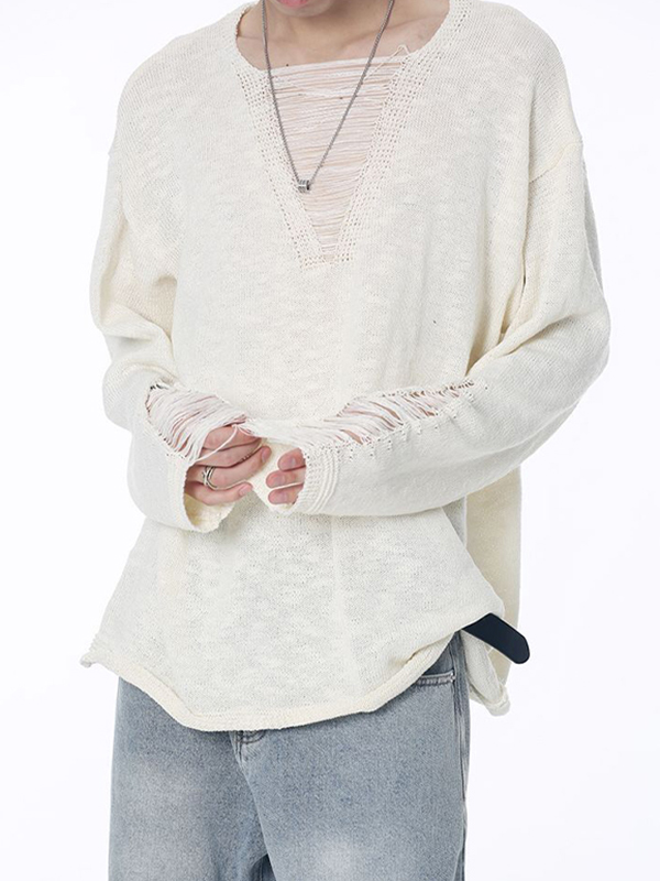 Men's Solid Color Ripped Design  Sweater-3