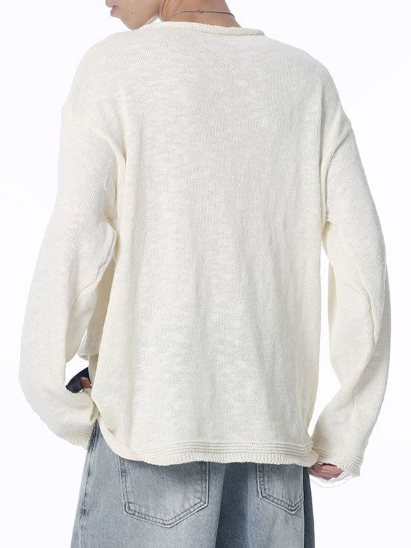 Men's Solid Color Ripped Design  Sweater-4