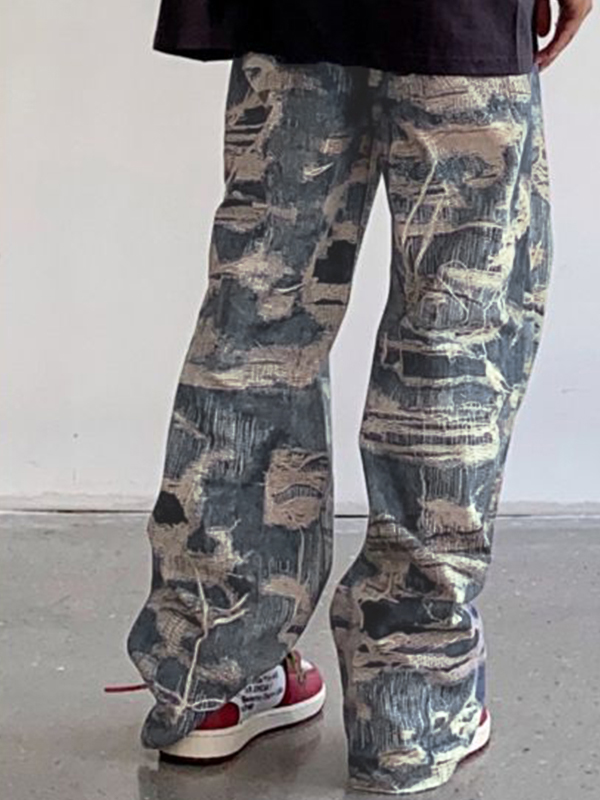 Men's Distressed Ripped Pattern Print Loose Jeans-1