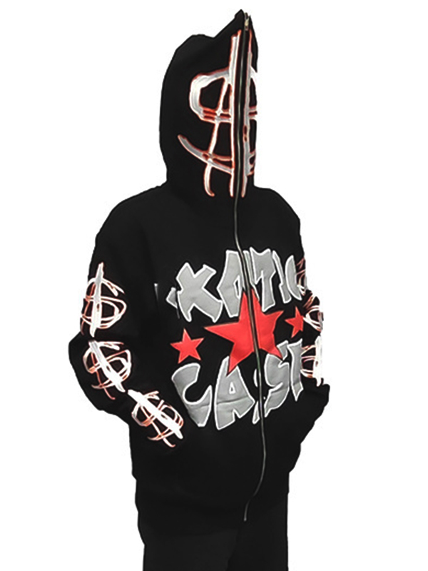 Men's Hip Pop Letter Print Full Zip Oversized Hoodie-1