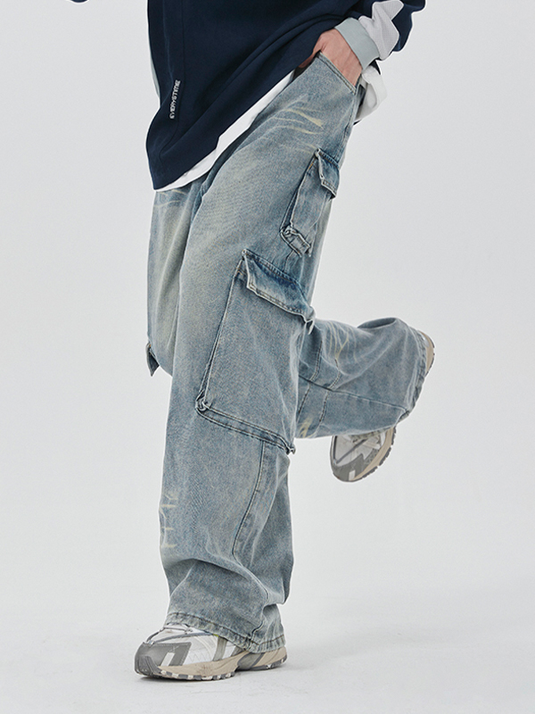 Men's Washed Multi Pocket Cargo Jeans-7