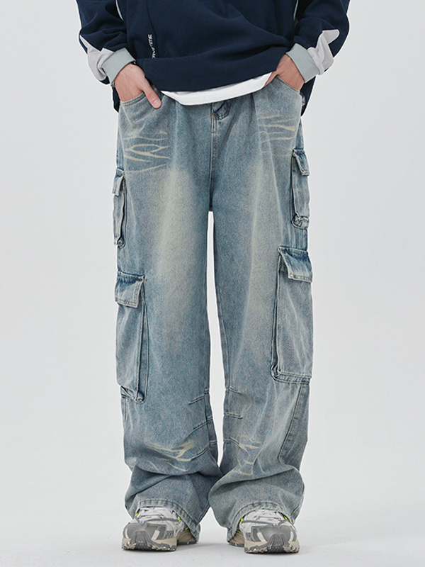 Men's Washed Multi Pocket Cargo Jeans-5