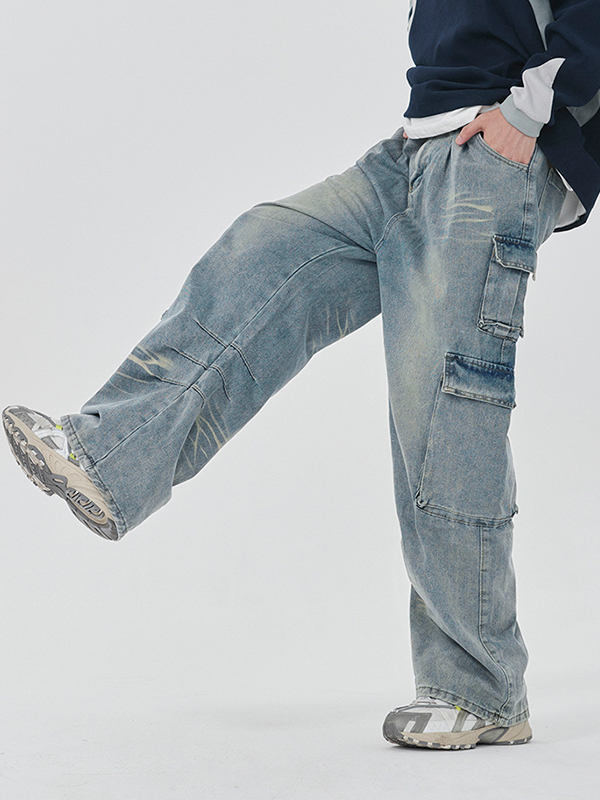 Men's Washed Multi Pocket Cargo Jeans-4