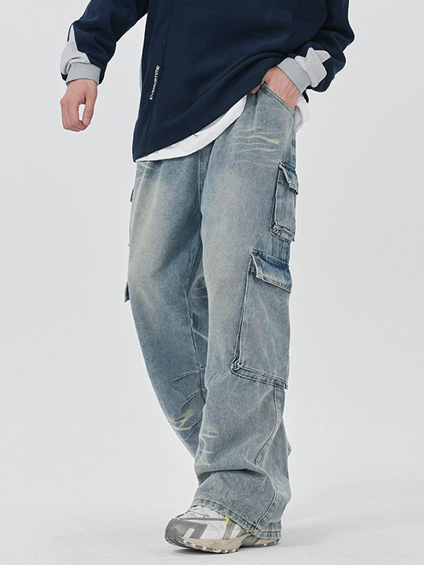 Men's Washed Multi Pocket Cargo Jeans-3