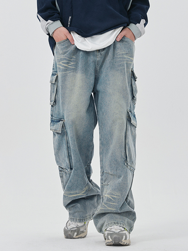 Men's Washed Multi Pocket Cargo Jeans-2