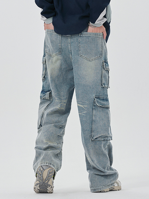 Men's Washed Multi Pocket Cargo Jeans-6