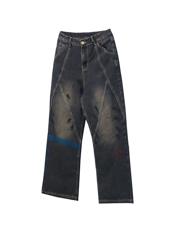 Men's Street Distressed Splice Graffiti Print Loose Jeans-3