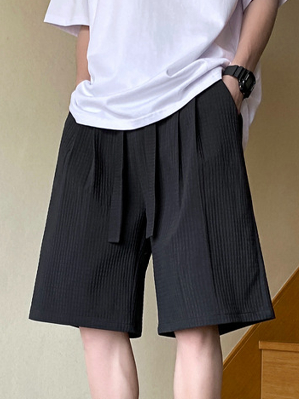 Men's Textured Solid Drawstring Shorts-2