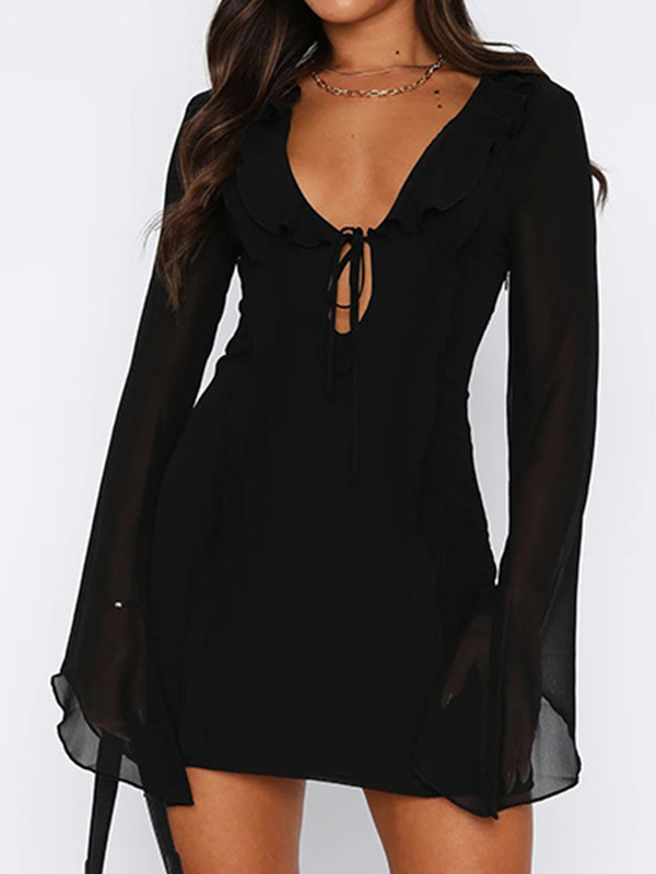 Plunge Neck Lace Up Ruffle Mini Dress-1