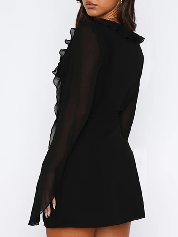 Plunge Neck Lace Up Ruffle Mini Dress-3