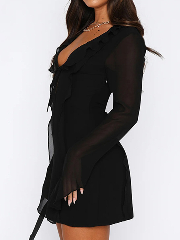 Plunge Neck Lace Up Ruffle Mini Dress-2
