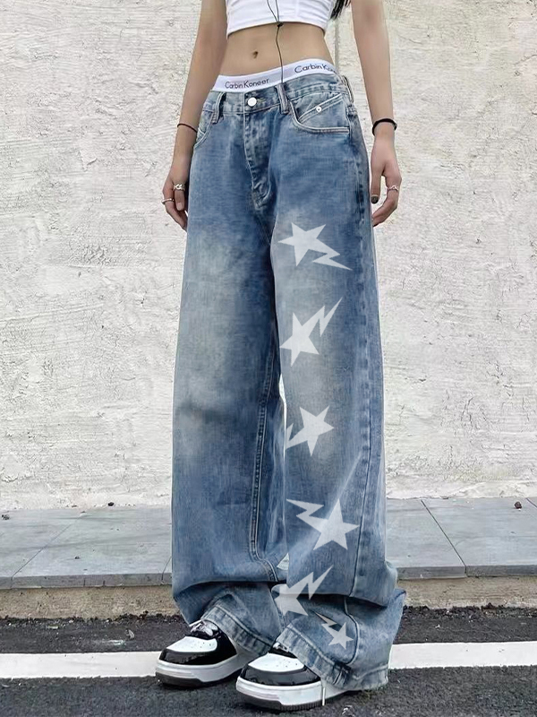 Washed Star Print  Boyfriend Jeans-1