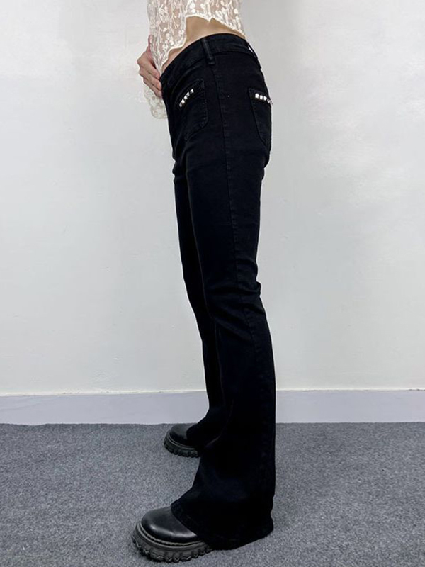 Low Rise Studded Elastic Flare Jeans-2