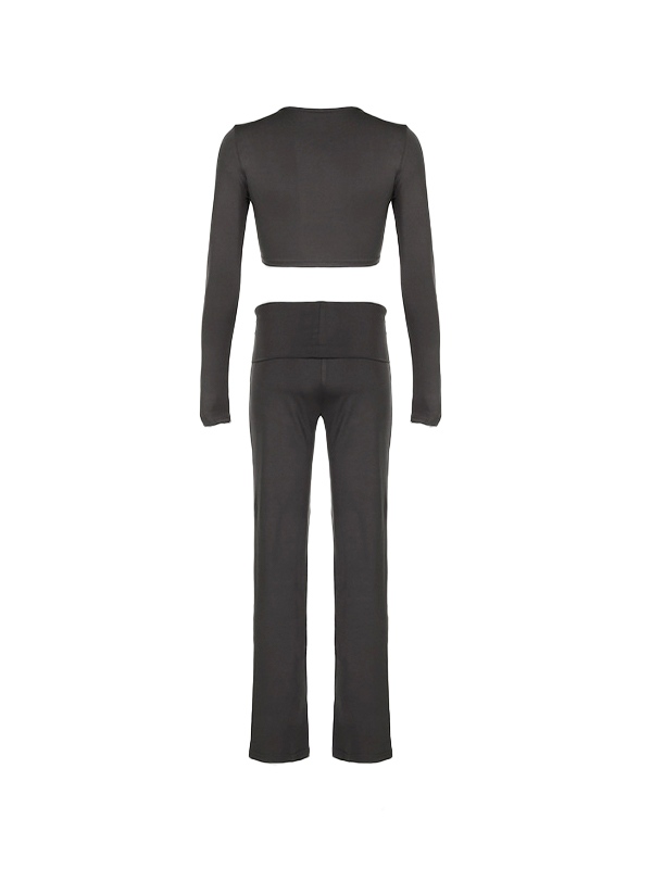 Solid Cropped Slim Long Sleeve Tee&Flared Sweatpants Set-3