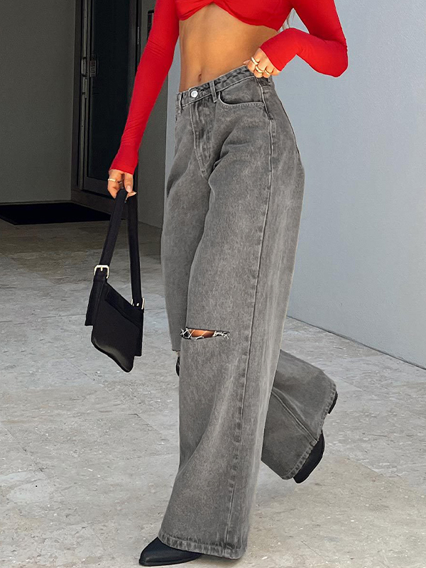 Gray Wash Ripped High Rise Boyfriend Jeans-2