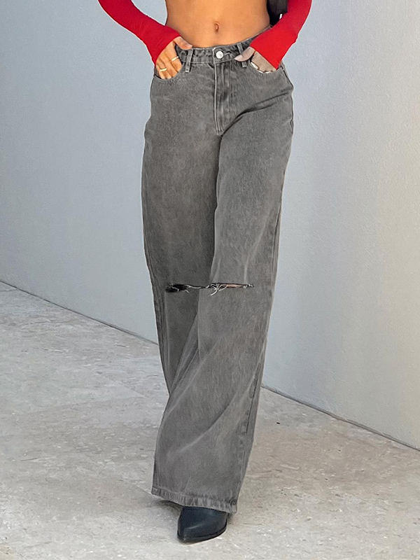 Gray Wash Ripped High Rise Boyfriend Jeans-1