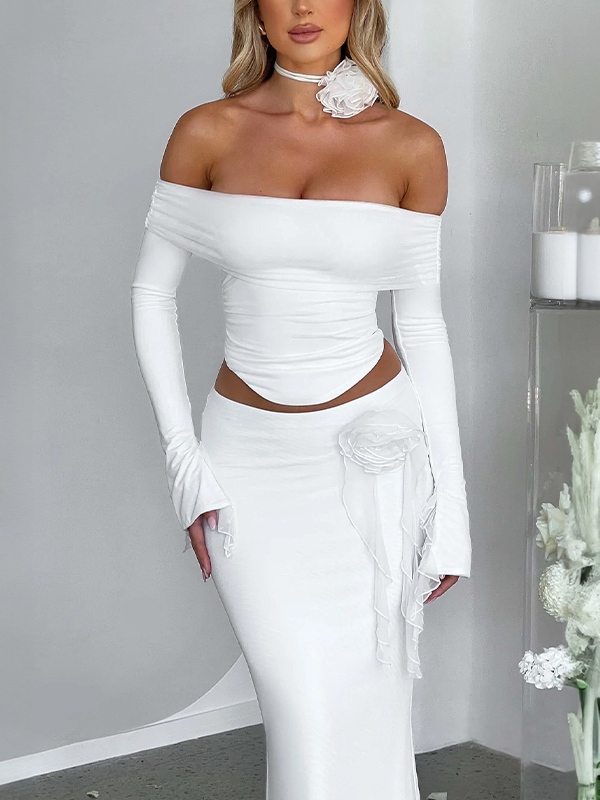 Solid Off Shoulder Tee&Three-dimensional Flower Skirt Set-2