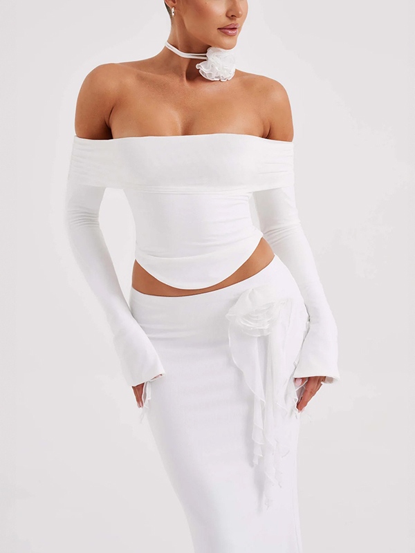 Solid Off Shoulder Tee&Three-dimensional Flower Skirt Set-1