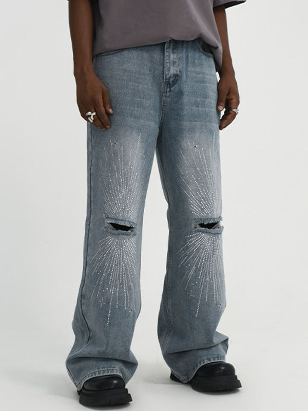 Men's Firework Rhinestone Print Ripped Straight Leg Jeans-1