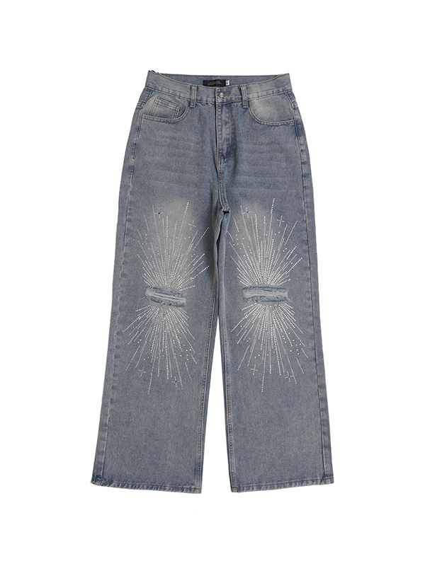 Men's Firework Rhinestone Print Ripped Straight Leg Jeans-3