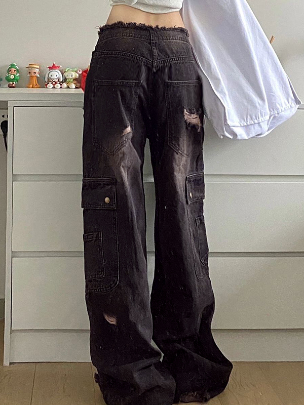 Vintage Distressed Studded Ripped Cargo Jeans-2