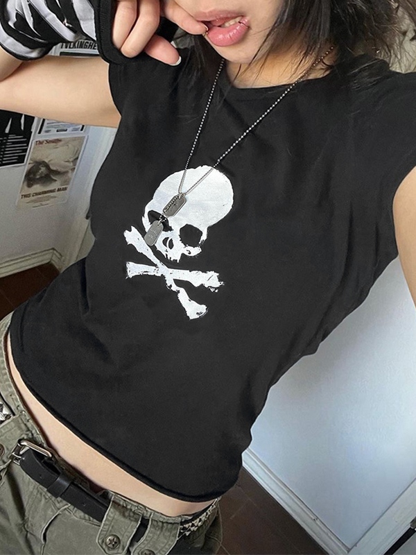 Skull Print Short Sleeve Y2K Crop Top-2