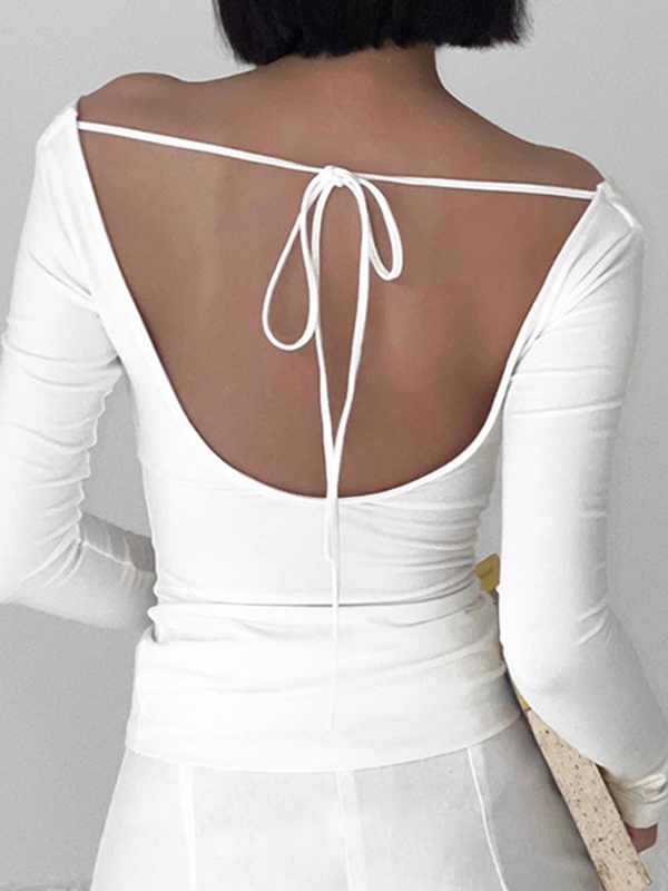 Solid Color Stacked Neck Backless Lacing Long Sleeve Tee-3