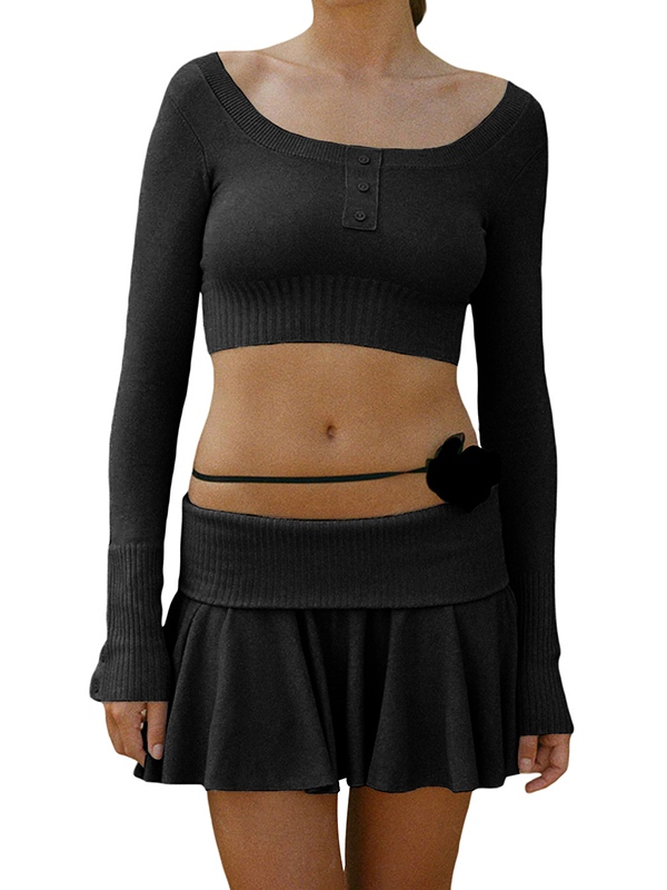Solid Color Breasted Crop Turned Waist Knit Two Piece-1