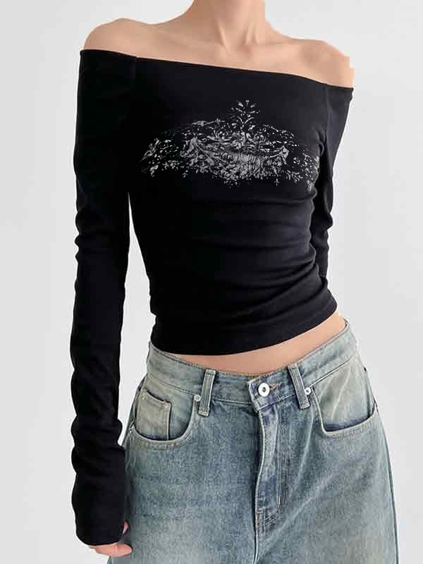 Off Shoulder Floral Print Long Sleeve Tee-1