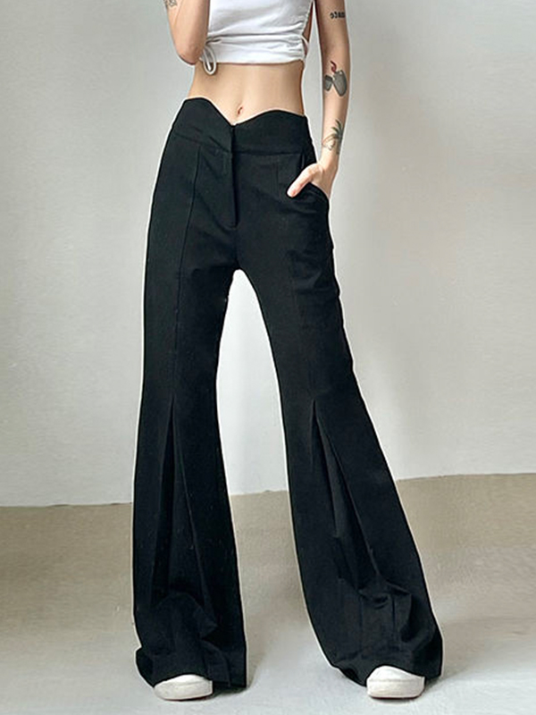 Notched Waist Pleated High Rise Flare Leg Pants-2