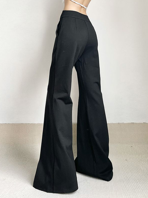 Notched Waist Pleated High Rise Flare Leg Pants-1