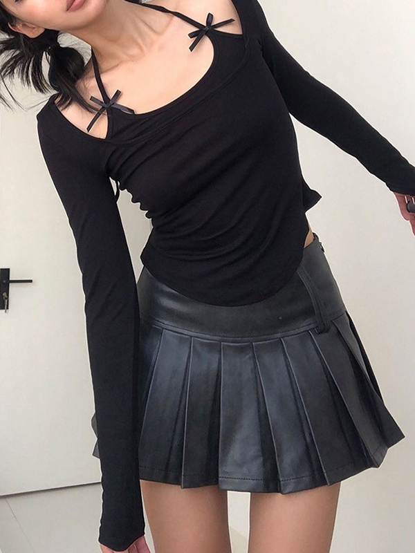 Solid Halter Bow Decor Long Sleeve Tee-3