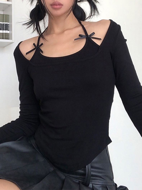 Solid Halter Bow Decor Long Sleeve Tee-1