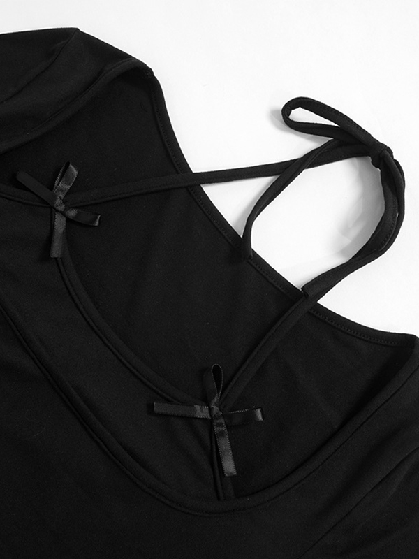 Solid Halter Bow Decor Long Sleeve Tee-4