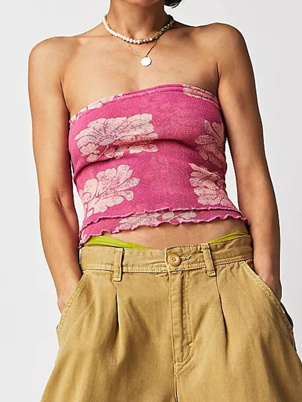 Random Floral Print Peplum Bandeau Top-2