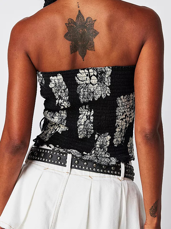 Random Floral Print Peplum Bandeau Top-1