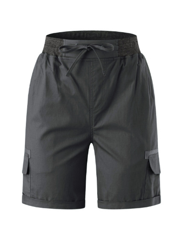 Solid Elastic Waist Multi Pocket Drawstring Shorts-1