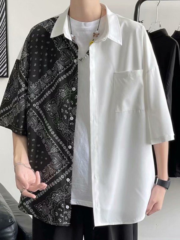 Men's Patchwork Paisley Print Pocket Shirt-1