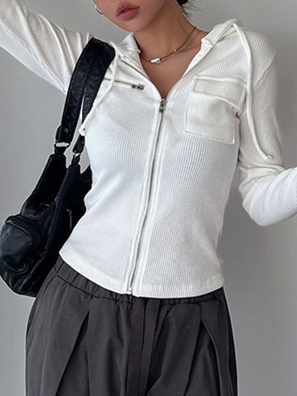 White Zip Up Hooded Cropped Knit Top-3