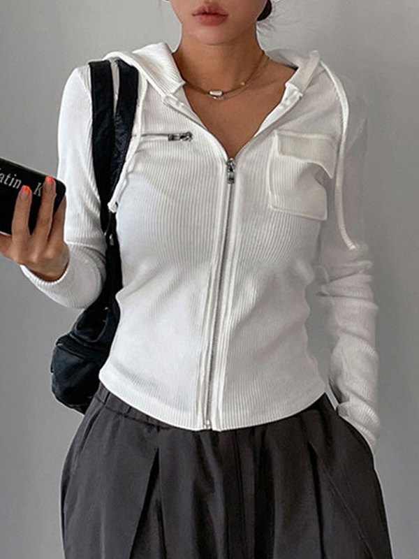 White Zip Up Hooded Cropped Knit Top-2