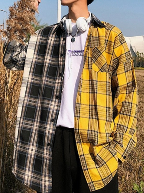 Men's Color Block Checkered Long Sleeve Shirt-2