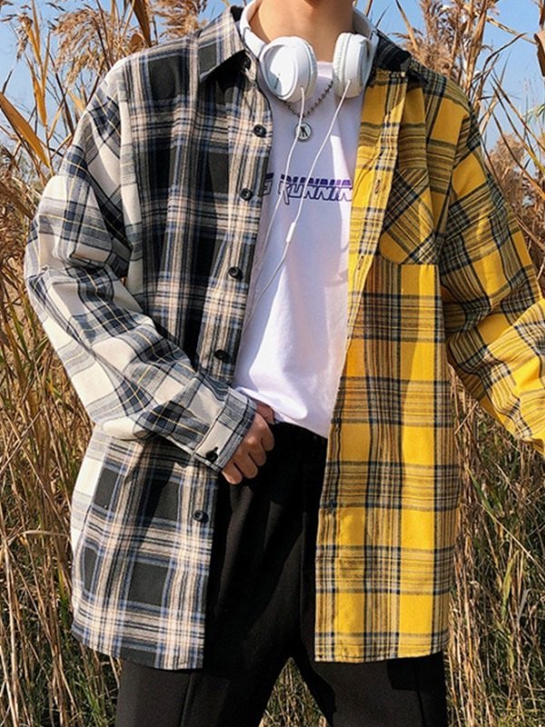 Men's Color Block Checkered Long Sleeve Shirt-1